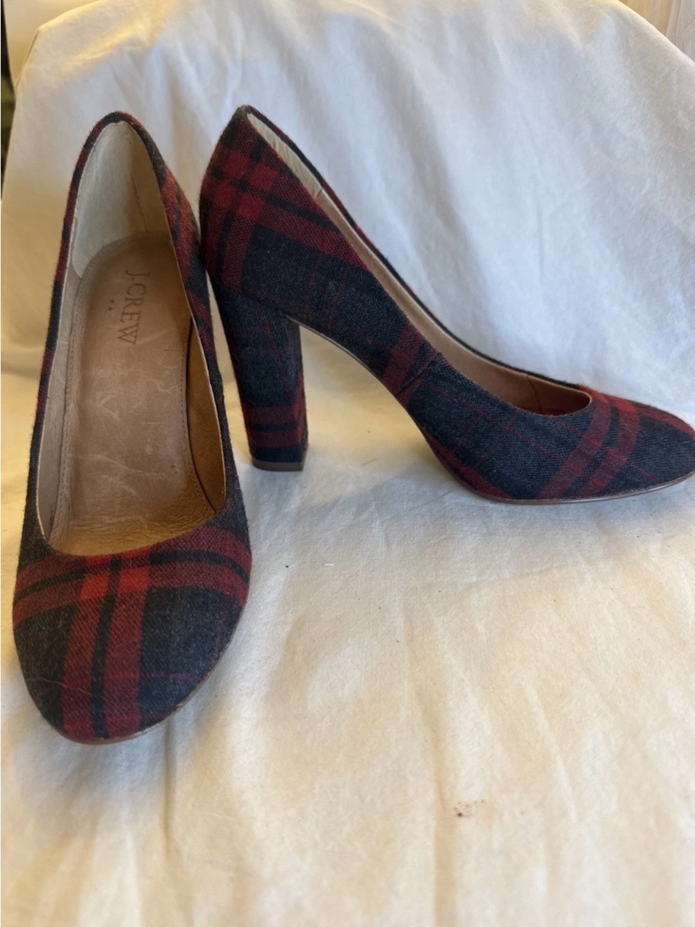 J.Crew Women’s Plaid Block Heel Pumps Size 6 Almond Toe Tartan Fall Shoes